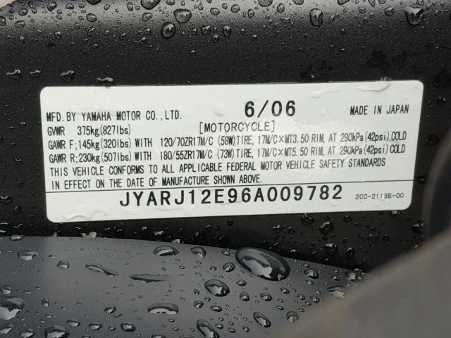 JYARJ12E96A009782 - 2006 YAMAHA YZFR6 L BLUE photo 10