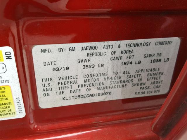 KL1TD5DE6AB103070 - 2010 CHEVROLET AVEO LS 红色 照片 10