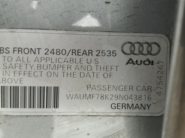 WAUMF78K29N043816 - 2009 AUDI A4 PRESTIG SILVER photo 10