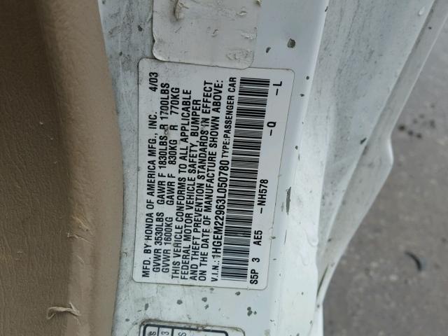 1HGEM22963L050780 - 2003 HONDA CIVIC EX WHITE photo 10