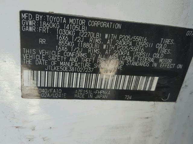 JTLKE50E381027237 - 2008 TOYOTA SCION XB თეთრი ფოტო 10