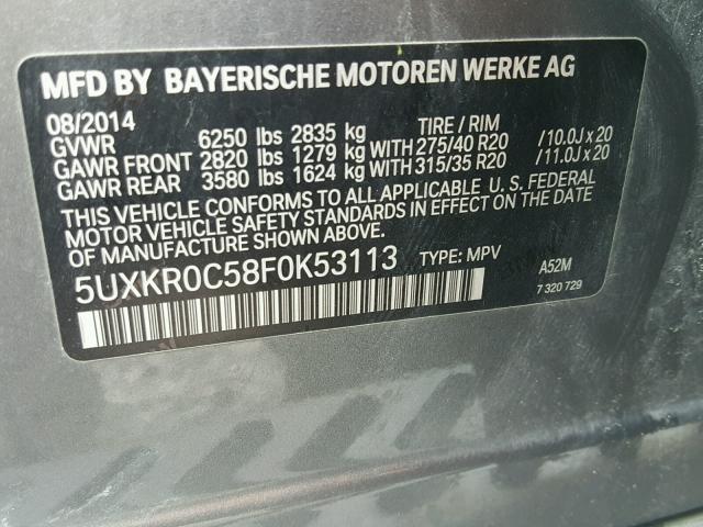 5UXKR0C58F0K53113 - 2015 BMW X5 XDRIVE3 GRAY photo 10