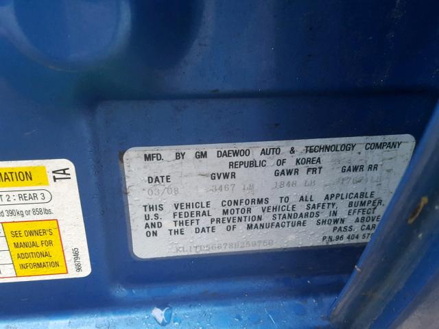 KL1TD56678B259750 - 2008 CHEVROLET AVEO BASE Mavi foto 10