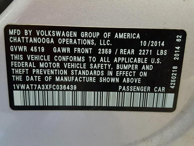 1VWAT7A3XFC036439 - 2015 VOLKSWAGEN PASSAT S SILVER photo 10