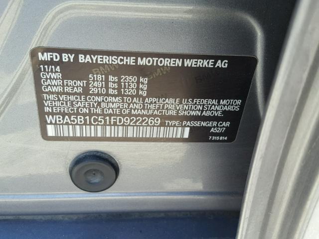 WBA5B1C51FD922269 - 2015 BMW 535 I GRAY photo 10