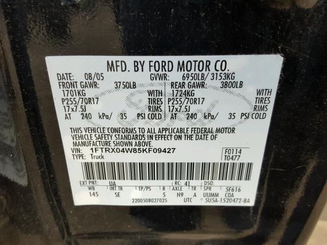 1FTRX04W85KF09427 - 2005 FORD F150 BLACK photo 10