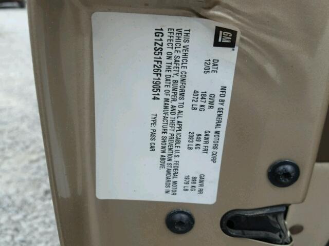 1G1ZS51F26F190514 - 2006 CHEVROLET MALIBU LS 金色 照片 10