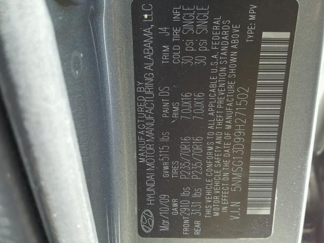 5NMSG13D99H271502 - 2009 HYUNDAI SANTA FE G GRAY photo 10