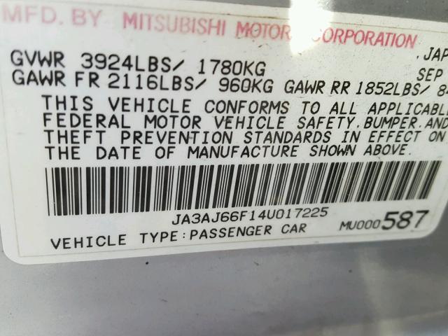 JA3AJ66F14U017225 - 2004 MITSUBISHI LANCER RAL SILVER photo 10