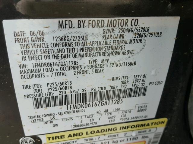 1FMDK06167GA11285 - 2007 FORD FREESTYLE CHARCOAL photo 10