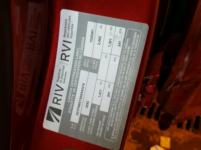 3GYFNBEY8AS543316 - 2010 CADILLAC SRX PERFOR 红色 照片 10