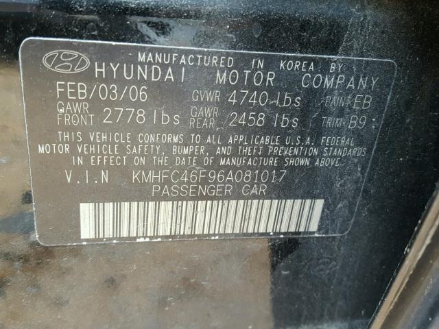 KMHFC46F96A081017 - 2006 HYUNDAI AZERA SE BLACK photo 10