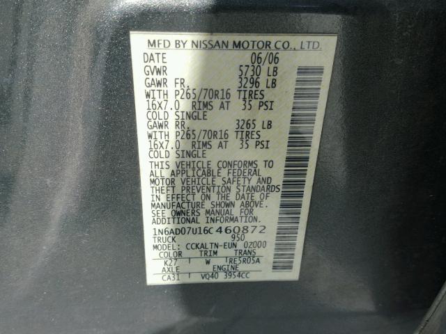 1N6AD07U16C460872 - 2006 NISSAN FRONTIER C GRAY photo 10