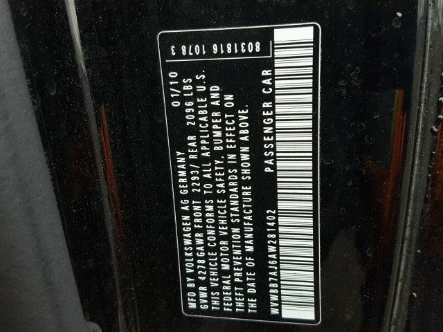 WVWBB7AJ6AW281402 - 2010 VOLKSWAGEN GOLF 黑色 照片 10