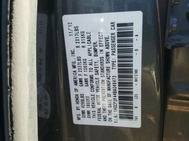 1HGCP2F44BA049473 - 2011 HONDA ACCORD LXP GRAY photo 10