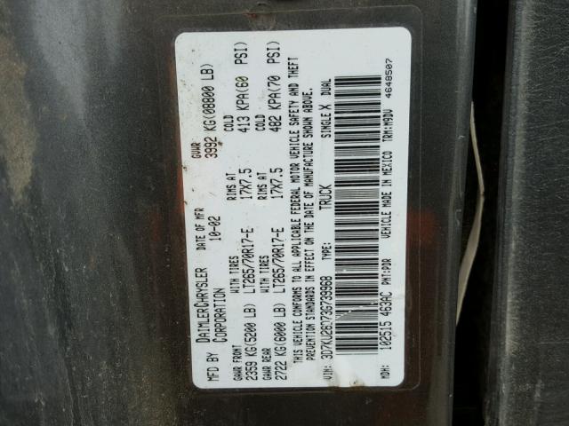 3D7KU28D73G739968 - 2003 DODGE RAM 2500 S GRAY photo 10