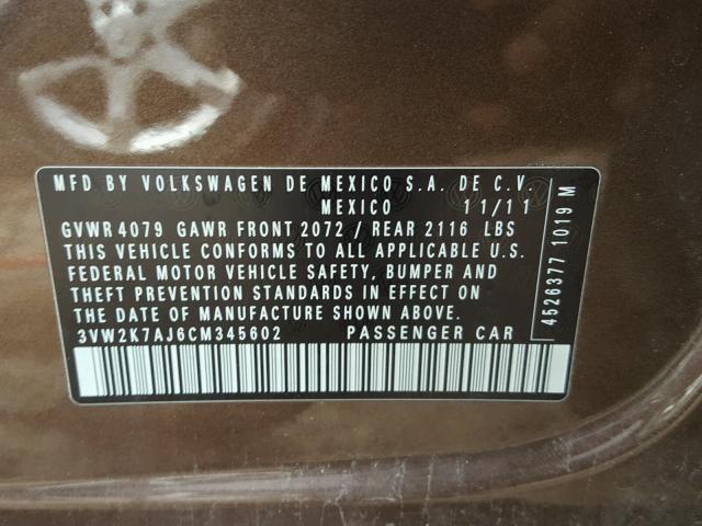 3VW2K7AJ6CM345602 - 2012 VOLKSWAGEN JETTA BASE Շագանակագույն լուսանկար 10