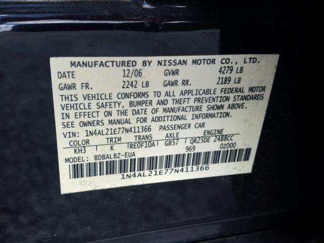 1N4AL21E77N411366 - 2007 NISSAN ALTIMA 2.5 BLACK photo 10