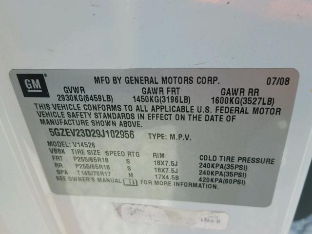 5GZEV23D29J102956 - 2009 SATURN OUTLOOK XR თეთრი ფოტო 10