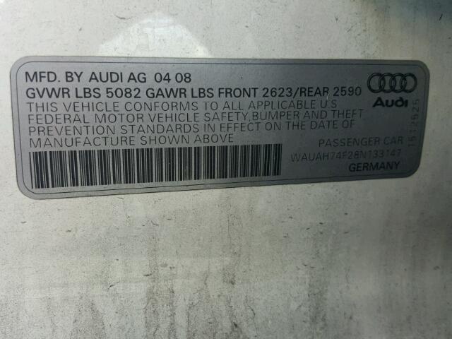 WAUAH74F28N133147 - 2008 AUDI A6 3.2 WHITE photo 10