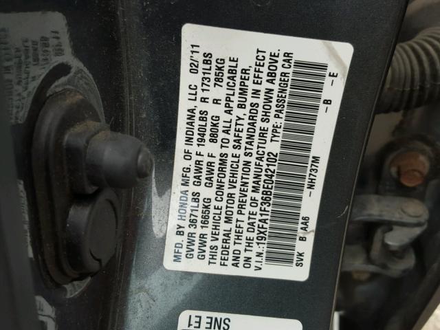 19XFA1F36BE042102 - 2011 HONDA CIVIC VP GRAY photo 10