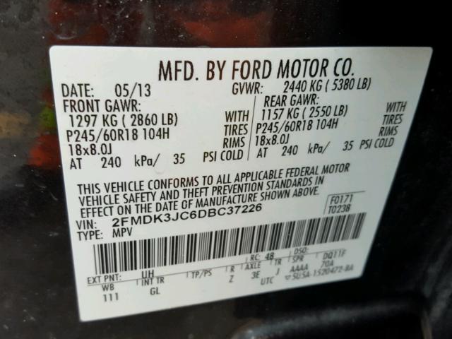 2FMDK3JC6DBC37226 - 2013 FORD EDGE SEL BLACK photo 10