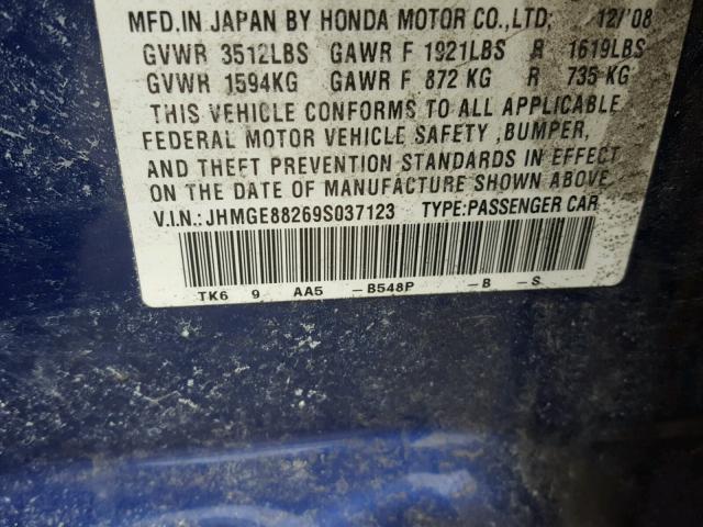 JHMGE88269S037123 - 2009 HONDA FIT BLUE photo 10