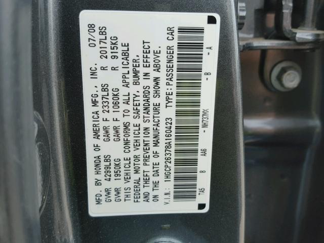 1HGCP26378A160423 - 2008 HONDA ACCORD LX GRAY photo 10