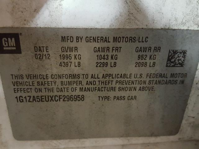 1G1ZA5EUXCF296958 - 2012 CHEVROLET MALIBU LS 白色 照片 10