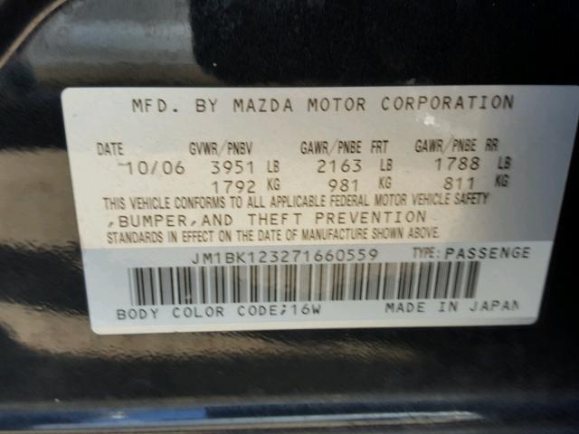 JM1BK123271660559 - 2007 MAZDA 3 S BLACK photo 10