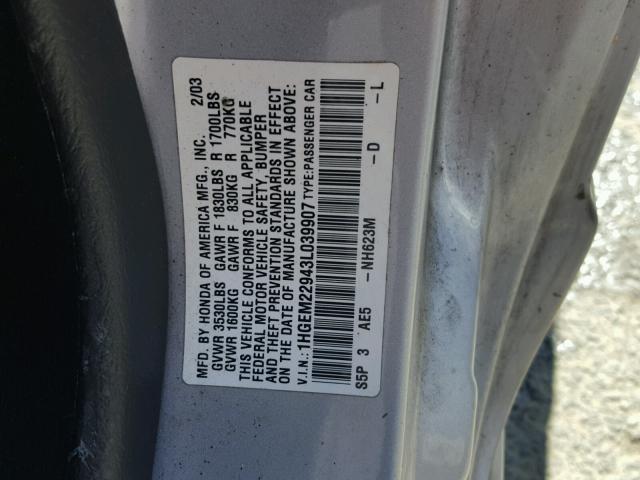 1HGEM22943L039907 - 2003 HONDA CIVIC EX SILVER photo 10