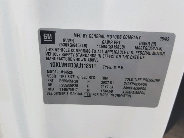 1GKLVNED0AJ118511 - 2010 GMC ACADIA SLT 白色 照片 10