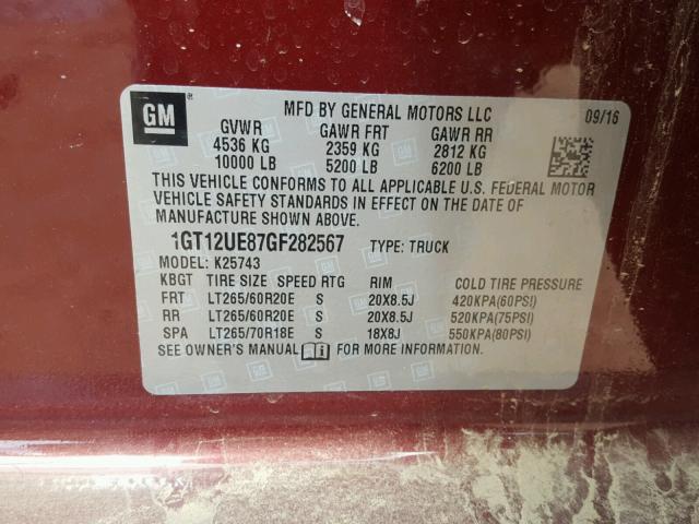 1GT12UE87GF282567 - 2016 GMC SIERRA K25 MAROON photo 10