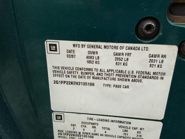 2G1FP22K0V2135168 - 1997 CHEVROLET CAMARO BAS 绿色 照片 10