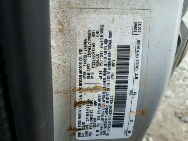 4N2ZN16T42D814354 - 2002 NISSAN QUEST SE SILVER photo 10