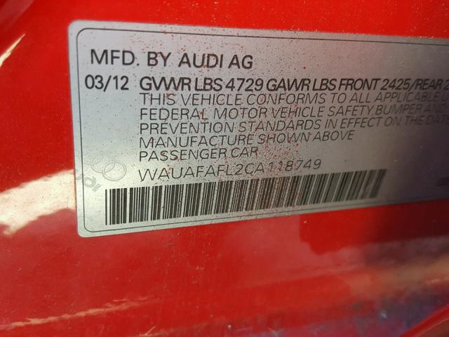 WAUAFAFL2CA118749 - 2012 AUDI A4 PREMIUM RED photo 10