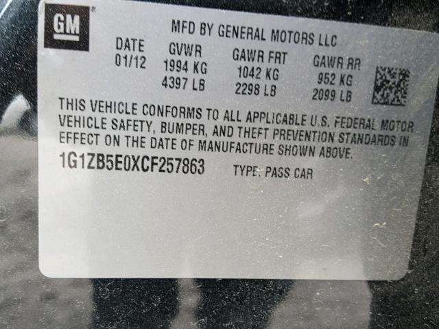 1G1ZB5E0XCF257863 - 2012 CHEVROLET MALIBU LS შავი ფოტო 10