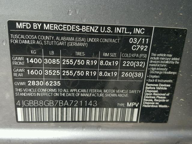 4JGBB8GB7BA721143 - 2011 MERCEDES-BENZ ML 350 4MA GRAY photo 10