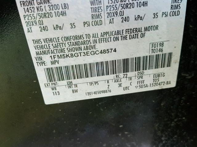 1FM5K8GT3EGC48574 - 2014 FORD EXPLORER S BLACK photo 10