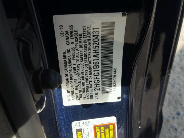 2HGFG1B61AH520431 - 2010 HONDA CIVIC LX BLUE photo 10