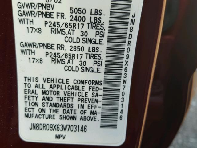 JN8DR09X63W703146 - 2003 NISSAN PATHFINDER BURGUNDY photo 10