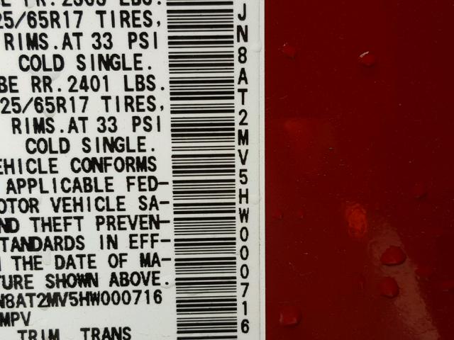 JN8AT2MV5HW000716 - 2017 NISSAN ROGUE S RED photo 10