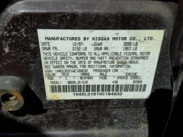 1N4DL01D1WC184632 - 1998 NISSAN ALTIMA XE MAROON photo 10