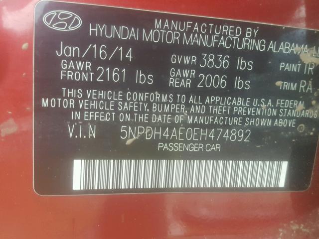 5NPDH4AE0EH474892 - 2014 HYUNDAI ELANTRA SE BURGUNDY photo 10