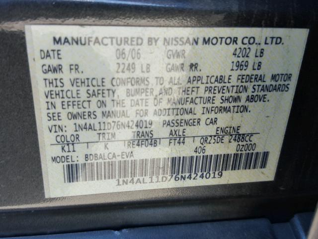 1N4AL11D76N424019 - 2006 NISSAN ALTIMA S GRAY photo 10