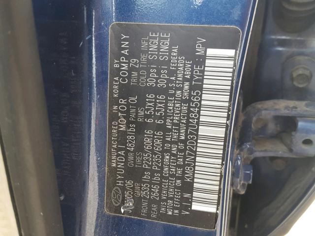 KM8JN72D37U484565 - 2007 HYUNDAI TUCSON SE BLUE photo 10