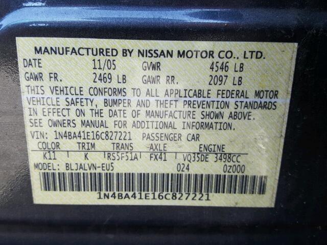 1N4BA41E16C827221 - 2006 NISSAN MAXIMA SE CHARCOAL photo 10