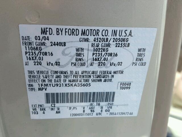 1FMYU931X5KA35605 - 2005 FORD ESCAPE XLT TAN photo 10