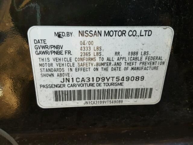 JN1CA31D9YT549089 - 2000 NISSAN MAXIMA BLACK photo 10