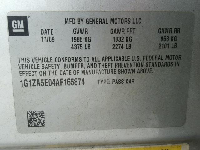 1G1ZA5E04AF165874 - 2010 CHEVROLET MALIBU LS 银色 照片 10